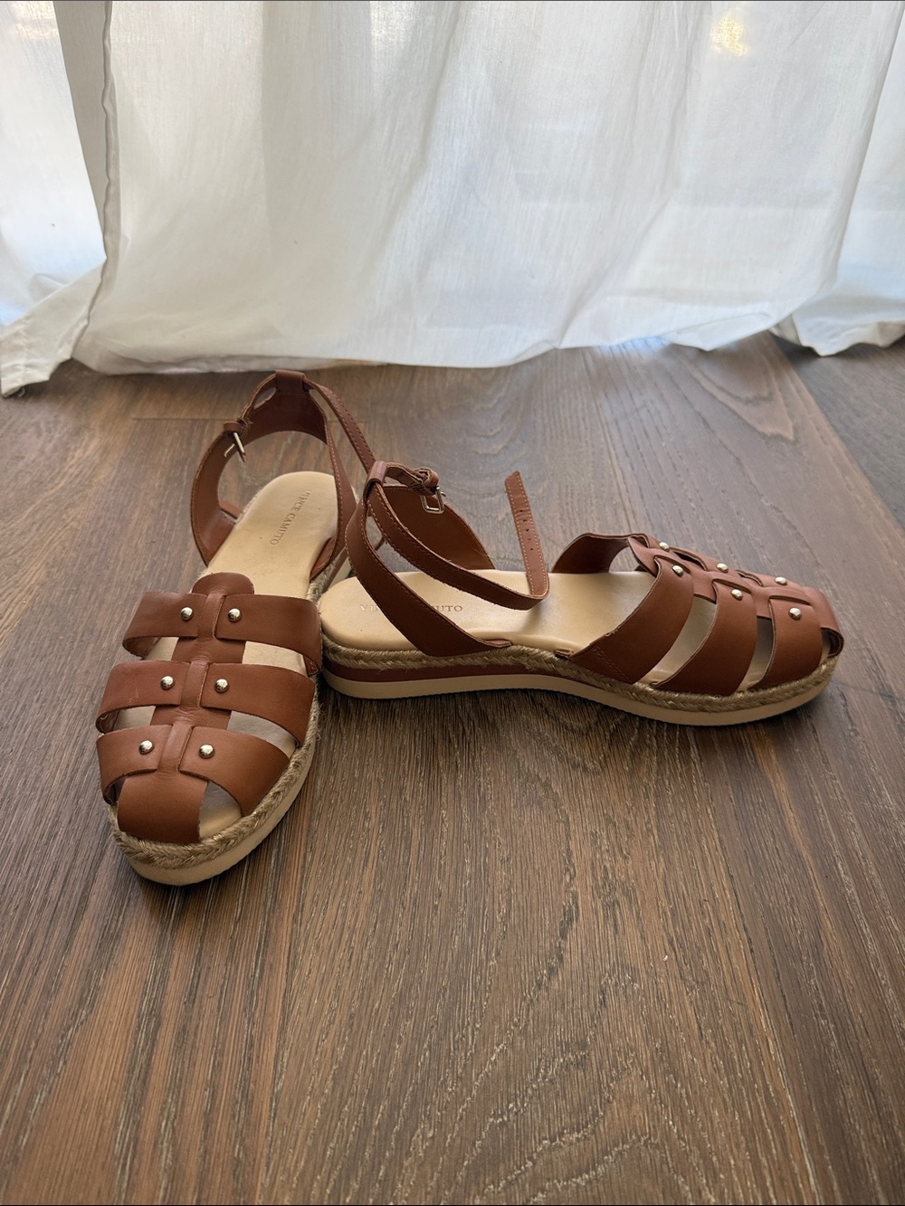 Vince Camuto Brown Leather Espadrille Sandals with Ankle Strap (Fisherman style) - Picture 2 of 5